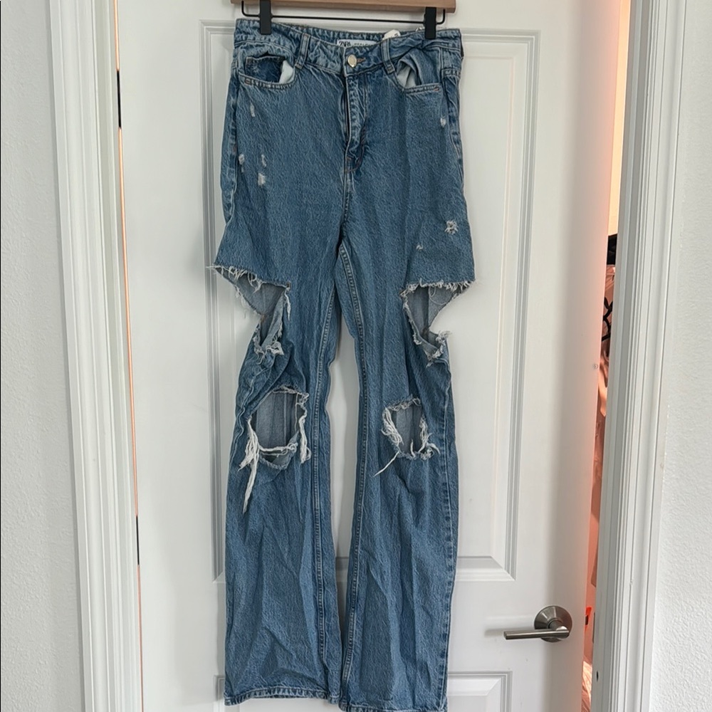 Zara Blue Boyfriend Jeans with Distressed Details